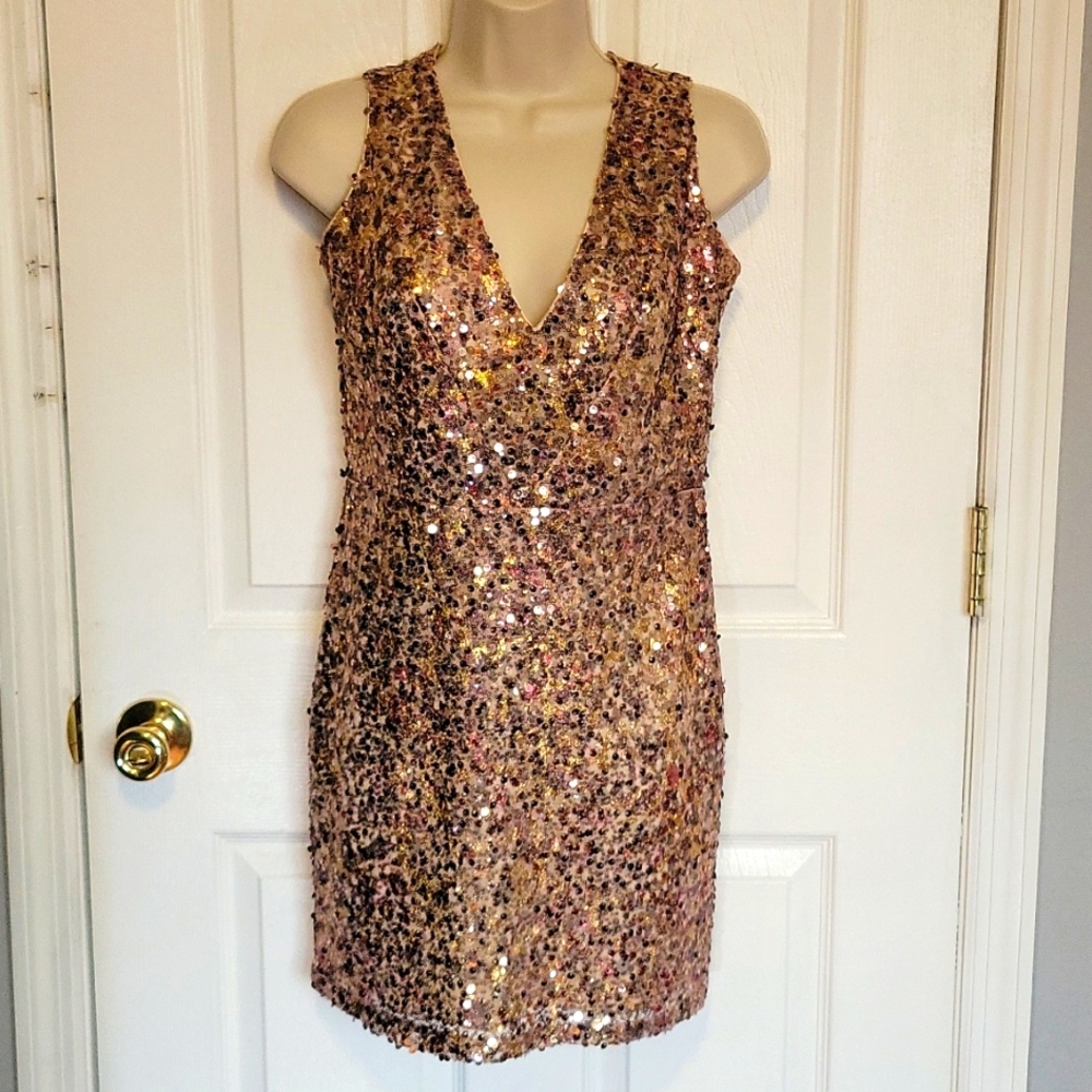 Badgley Mischka Mark + James bronze metallic Sequin mini Dress small.